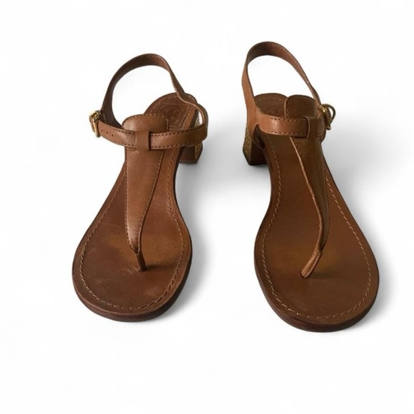 Tory Burch Shoes - Tory Burch metal logo strap leather sandals size 9.5 brown summer block heel